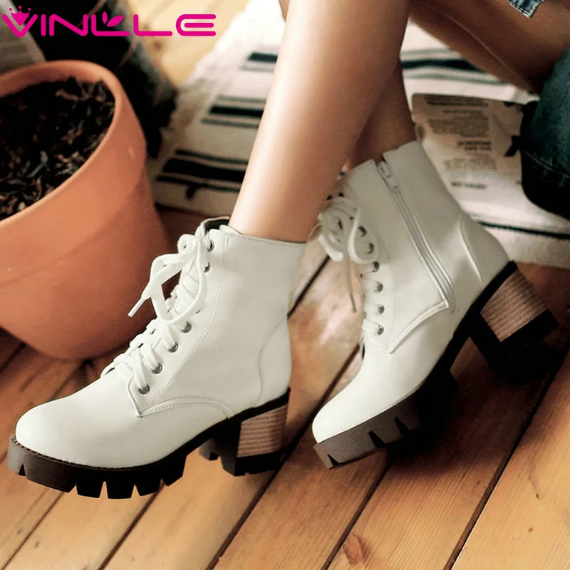 

VINLLE Women Boots Square High Heel Soft Leather Zipper Solid Ankle Boots Western Style Round Toe Winter Lady Boots Size 34-43