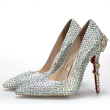 AB Crystal Rhinstone Wedding Shoes Pointed Toe Bridal Dress Shoes Evening Party Prom Pumps Cobra Metal Multicolor Single Heels