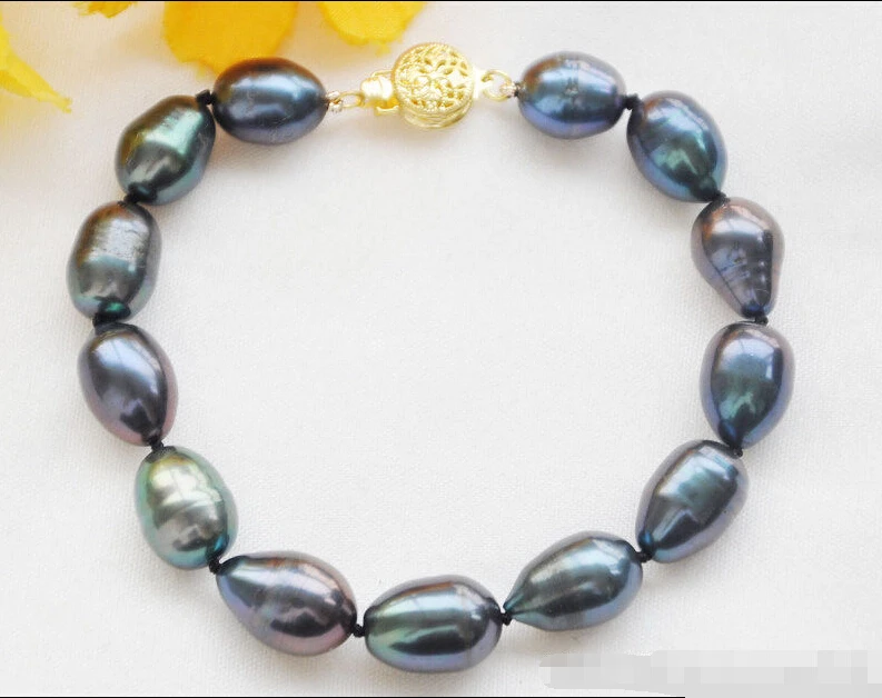 

hot sale FREE SHIPPING aa* z5837 8" 14mm peacock black rice freshwater cultured pearl bracelet