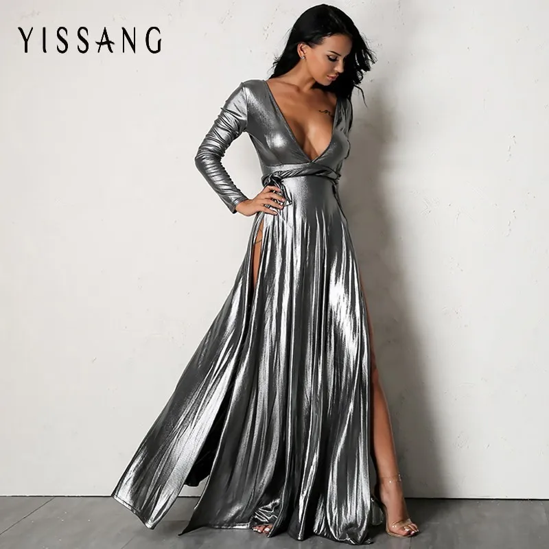 

Yissang New Arrival Deep V Neck Sexy Dress 2018 Women Sexy Solid Long Sleeve Maxi Dresses High Split Club Party Dress