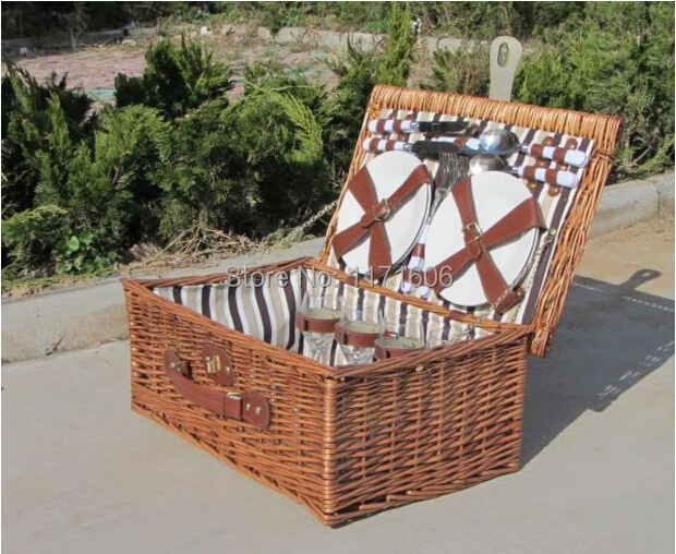 Natural Outdoor Willow Picnic Basket set of 4 persons, camping Wicker Basket set With leather