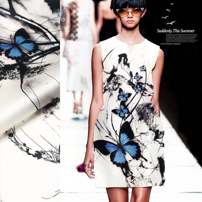 135*118 см 14 мм синий с принтом бабочки белой шелковой органзы Ткань для платья рубашки одежда Штаны