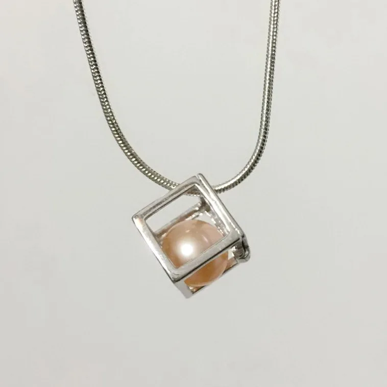 925 Sterling Silver Cute Hollow-out Cube shape Cage Pendant, Hollow Square Box style Can Hold Pearl Gem Locket Pendant Mounting 3