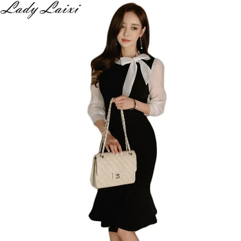 

Half Sleeve Color Block Mermaid Sheath Dress Black White Patchwork Women Sexy Bodycon Vintage Elegant Party Dress