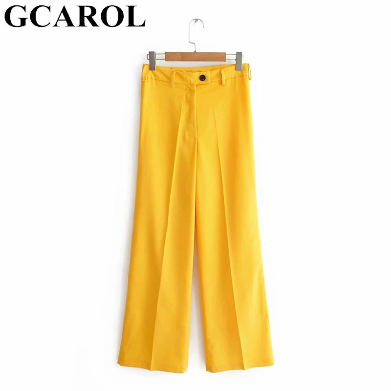 

GCAROL 2019 New Women Mid Waist Yellow Suit Pants Spring Summer OL Elegant Chic Trousers Straight Cutting Bright Pants