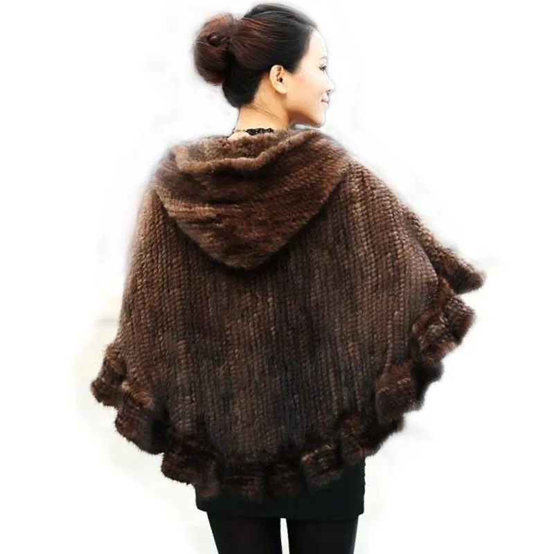 

Fashion Women Fur Shawl Winter Knitted Real Mink Fur Stole With Fur Hood Knitted Mink Poncho Pashmina Free Shipping