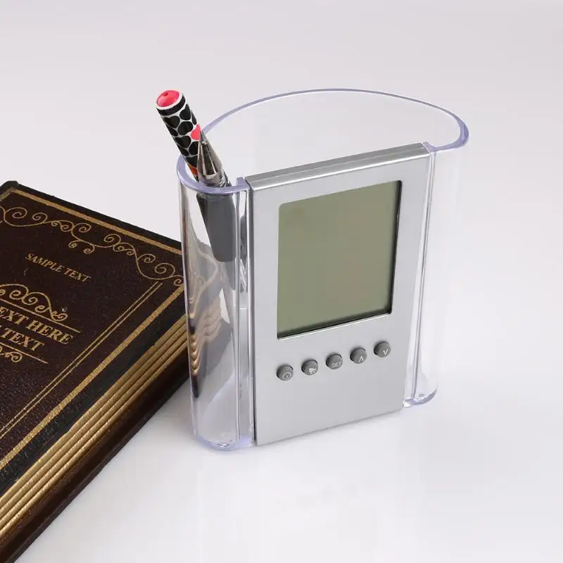 

Transparent LCD Desk Pen Holder Pencil Container with Calendar Timer Alarm Clock Temperature Calendar
