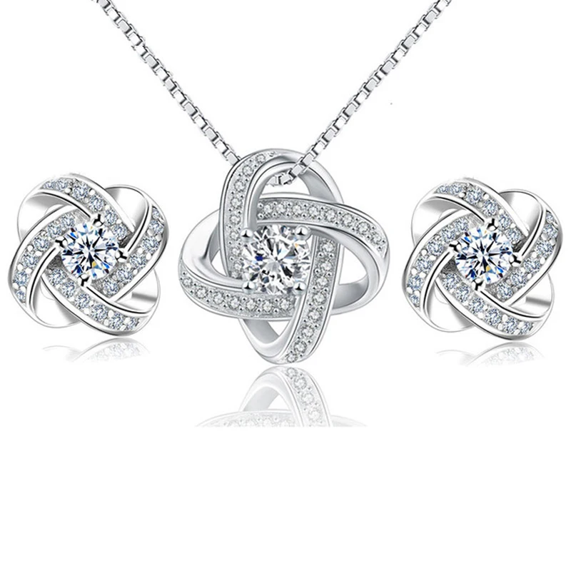 MEEKCAT 925 Sterling Silver Eternal Heart Twist Zircon Jewelry Set necklace Earring For Women Wedding | Украшения и аксессуары