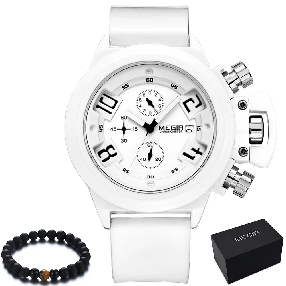 MEGIR, бренд, силиконовый ремешок, аналоговый хронограф, спортивные часы, военные армейские стильные мужские часы, Топ бренд, Роскошные наручные часы для мужчин - Цвет: Белый