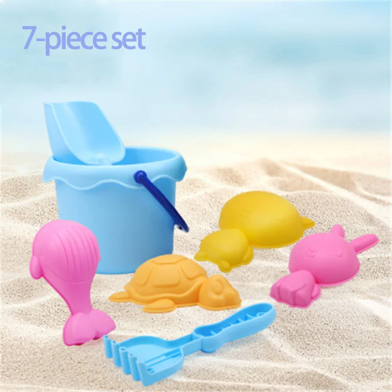 7Pcs Kids Outdoor toys Soft Rubber Beach Game Toys Set Shovels Rake Hourglass Bucket Animals Playset Role Play Toy Summer Hot - Color: 7pcs