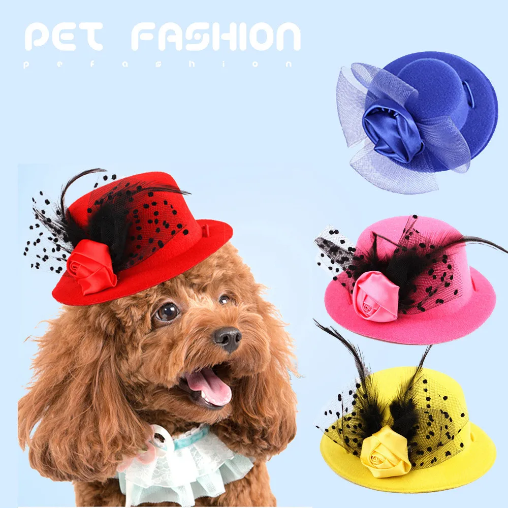 

2018 Summer New Dog Caps Hats Prince Style Cute Small Pets Hat Cap Cindy Color Feather Style Cat Dog Accessories Free Shipping