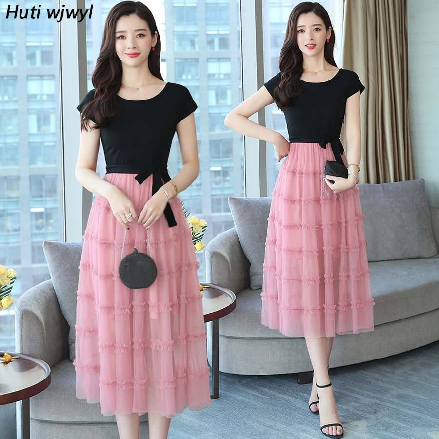 

2019 Plus Size Fake Two Piece Beach Midi Dress Summer Vintage Pink Mesh Boho Maxi Sundress Women Bodycon Party Elegant Vestidos