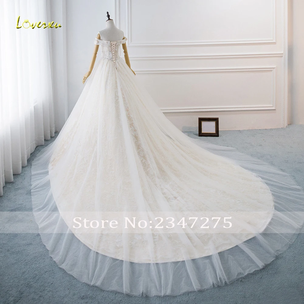 Loverxu Vestido De Noiva, кружевной вырез лодочкой, бальное платье, свадебное платье, элегантное, украшенное бусинами, со шлейфом, винтажное свадебное платье, большие размеры