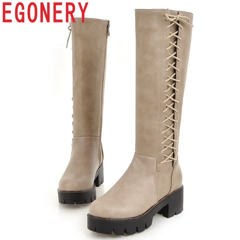 33 black 2018 Talon Beige Bout Med Femmes Chaussures brown attaché Bottes Taille Pour Mode Hiver Égérie Hautes Rond Croix 43 Zipper Nouvelle Carré Platfrom SpVGqMUz