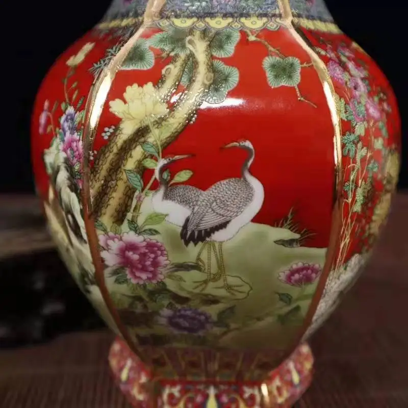 Изысканная китайская архаичная цветная эмалированная декоративная благоприятная ваза для цветов и птиц, шестисторонняя фарфоровая ваза