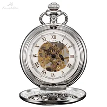 Бренд KS Половинный Охотник Бело-Золотой Циферблат Уникального Скелета Серебряный Сплавочный Корпус и Цепь Римские Цифры на Корпусе Автоматические Антикварные Механические Мужские Карманные Часы / KSP048