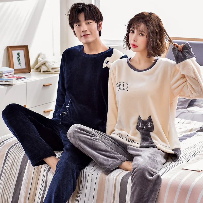 

JINUO New Arrival Products Winter Flannel Thicken Couple Pajama Sets Lovers Cartoon Lovely Cat Warm Soft Home Wear Sleepwear