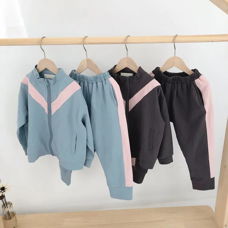 

DFXD Kids Sets 2019 Spring Cotton Full Sleeve 2pc Tracksuit Striped Patchwork Zipper Coat+Pant Children Sport Suits For 2-7Yrs