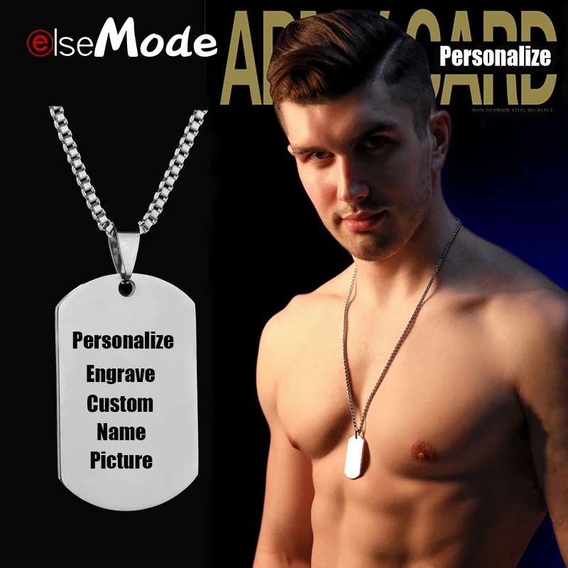 

ELSEMODE Personalize Engrave Name Picture Necklace Nameplate Custom Pendant Choker Stainless Steel Men Women DIY Jewelry Gift