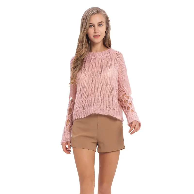 

New Casual Full Very Thin Hollow Out Sexy Cooling Blouse Women Solid Spring Pullovers