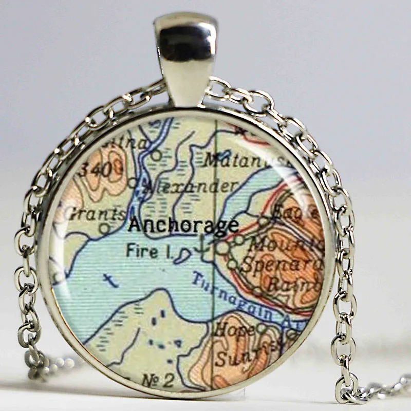 Anchorage Map Necklace, Resin Charm, Anchorage Alaska Map Jewelry,Round Silver, Map Charm