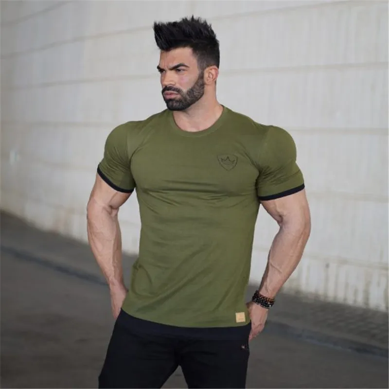 Летняя мужская футболка для спортзала, бега, тренировок, фитнеса, бодибилдинга, повседневного спорта, высокое качество, хлопок, короткий рукав, мужские топы, футболки - Цвет: TX31 green