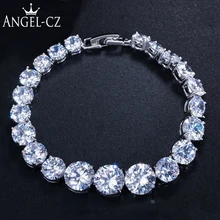 ANGELCZ Классический круглый, кубический цирконий роскошный большой свадебный Теннисный браслет белого золота Цвет Свадебные украшения для женщин AB126