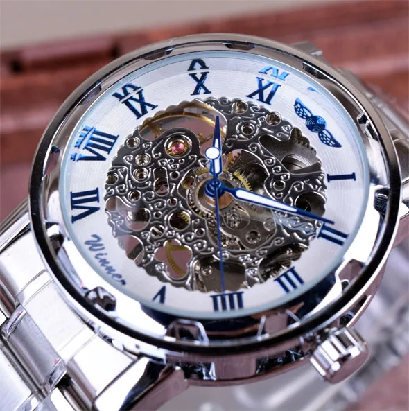 Мужские часы из прозрачного золота, Топ бренд, Роскошные мужские часы, мужские повседневные часы, механические часы с скелетом - Цвет: White Blue