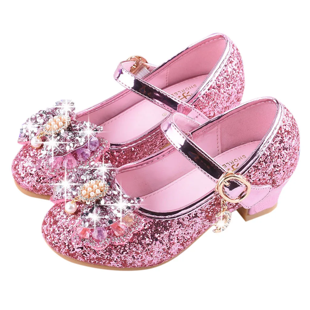MUQGEW принцессы детская кожаная обувь для девочек, с декоративным цветком, свободная блузка Повседневное блестящие детские туфли на высоком каблуке для девочек туфли с узлом бабочкой, синего и серебряного цвета - Цвет: Pink B