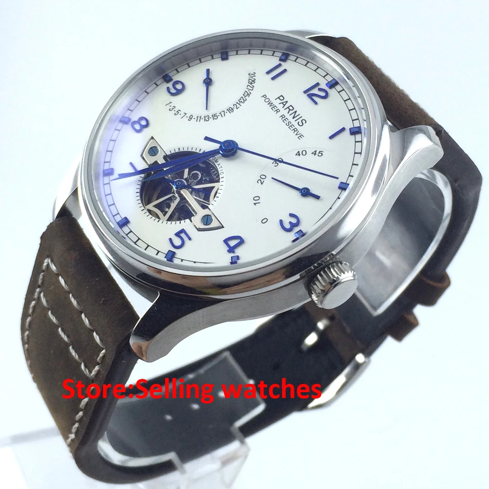 

43mm Parnis Power Reserve/White Dial/Blue Perf Automatic Mens Watch X033 PA4318