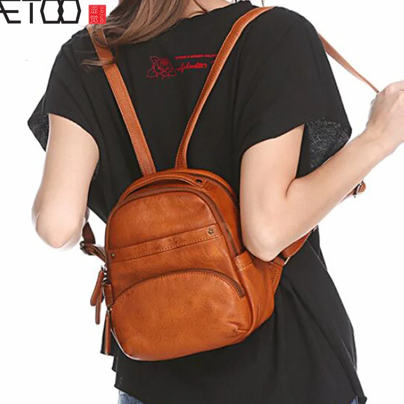 

BJYL Backpack female new leather retro handmade leather bag female first layer leather backpack multi-layer small backpack