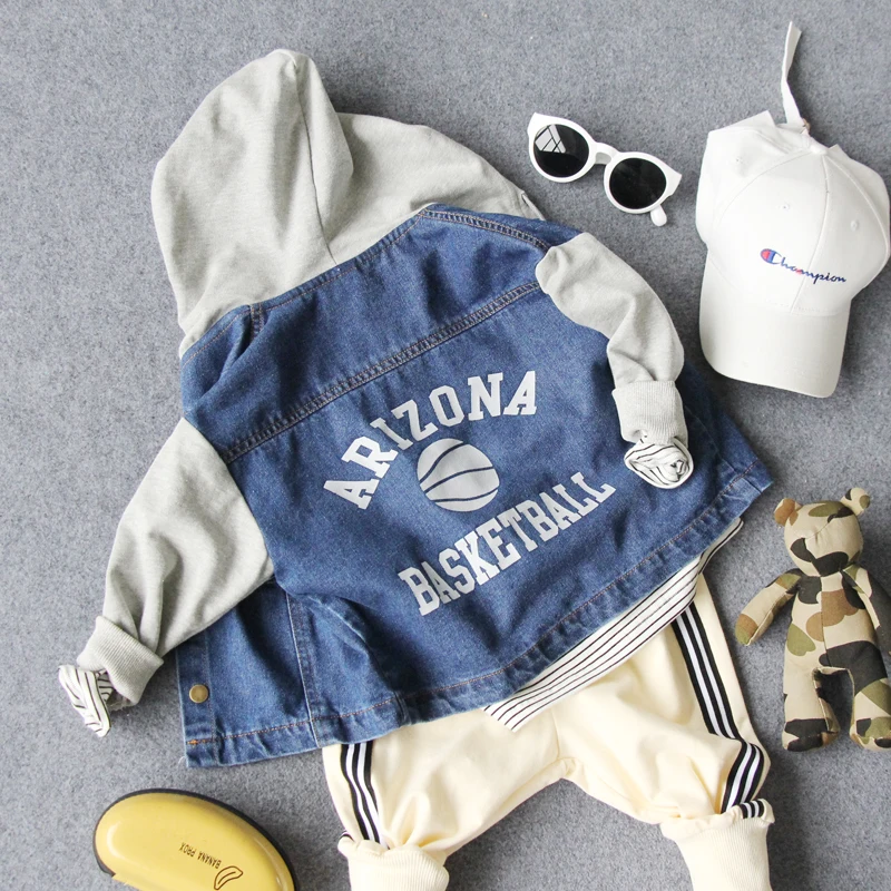

2-8Y new 2019 spring boys letter denim patchwork jacket with hood boys spring autumn sweater kids hood