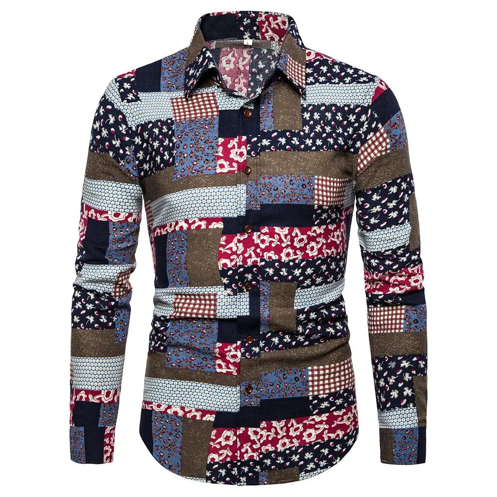 

Linen Shirt for Men Long sleeve Casual National style Social Men's dress Shirts Fashion Blouse Men New