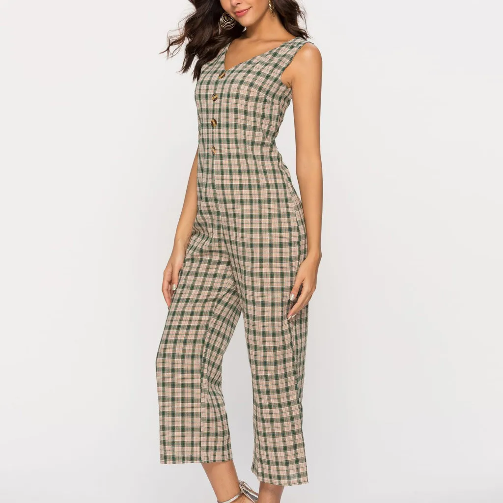 

Women's v-neck jumpsuit fashion single-breasted seven-point wide leg plaid print loose casual summer jumpsuit#D18