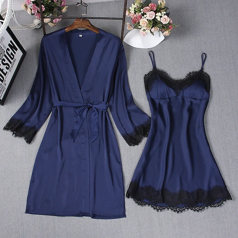 Темно-синий, пикантный халат для спальни кимоно; детская одежда для сна для женщин S 2 шт. топ с бретельками костюм Повседневное Весна Домашняя одежда, пижамы, одежда для сна банный Халат