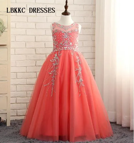 

coral Florwer Girl Dresses Puffy Girls Pageant Dresses 2019 First Communion Dresses For Girl
