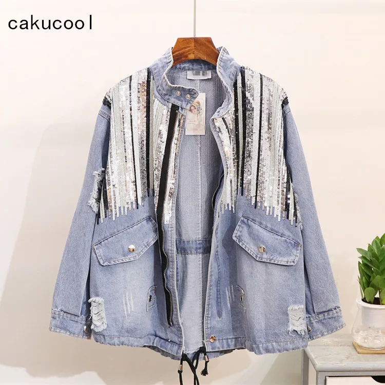 Куртка Cakucool женская джинсовая в стиле бохо блестящая куртка бомбер с блестками
