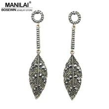 MANILAI, винтажные серьги-гвоздики с металлическими листьями, стразы для женщин, модные большие серьги с кристаллами, богемное ювелирное изделие