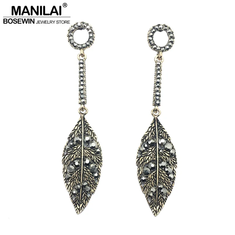 

MANILAI Vintage Metal Leaves Rhinestones Stud Earrings For Women Fashion Crystal Big Earrings Bohemia Jewelry