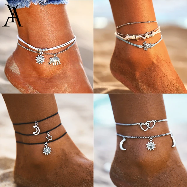 Bohemian Silver Heart Multi Chain Anklet Ankle Bracelet