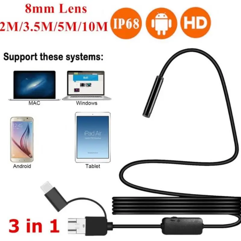 8 мм USB 3 в 1 эндоскоп Micro Type c 2/3.5/5/10 м 1200P HD бороскоп трубка Водонепроницаемая IP68