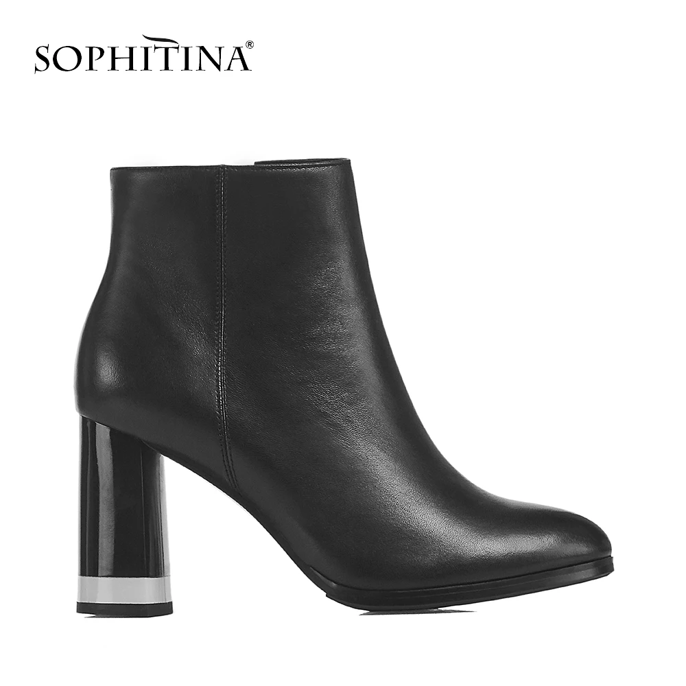 SOPHITINA модные квадратном каблуке Ботильоны на каблуке черного цвета женская обувь из натуральной кожи круглый носок ручной работы высокого качества осенняя одежда с застежкой-молнией ботинки B67
