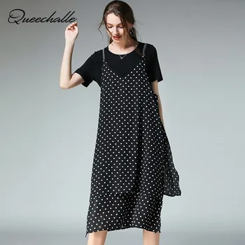 

2 Piece Set Dots Print Chiffon Dress Summer Split Midi Dress Female Short Sleeve Casual Dress XL - 4XL Plus Size Vestidos Black