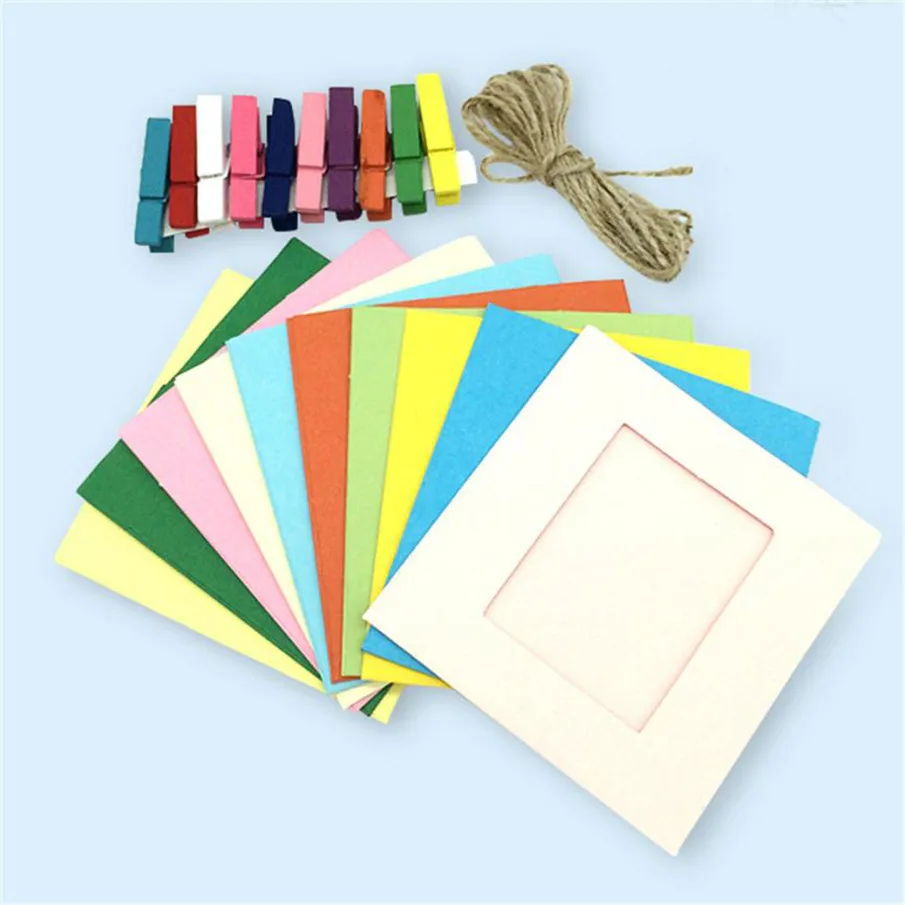 

10 Pcs 3 inch Paper Frame with 10pcs Clips and Rope Combination Wall Photo Frame DIY Hanging Picture Album Home Decoration