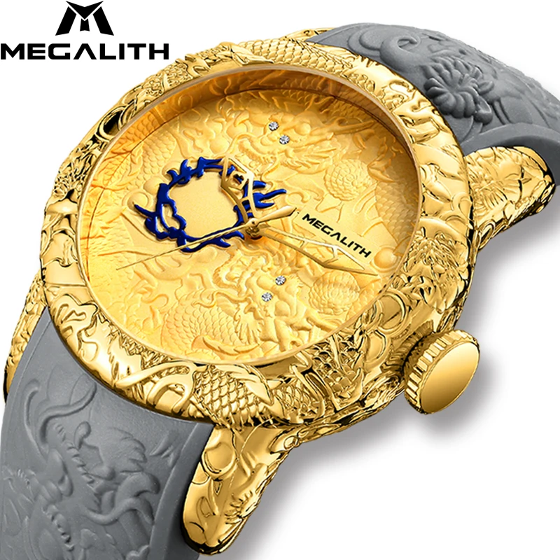 

MEGALITH Mens Watches Top Luxury Brand 3D Gold Dragon Sculpture Men Watches Quartz Watch Analog Waterproof WristWatch Male Clock