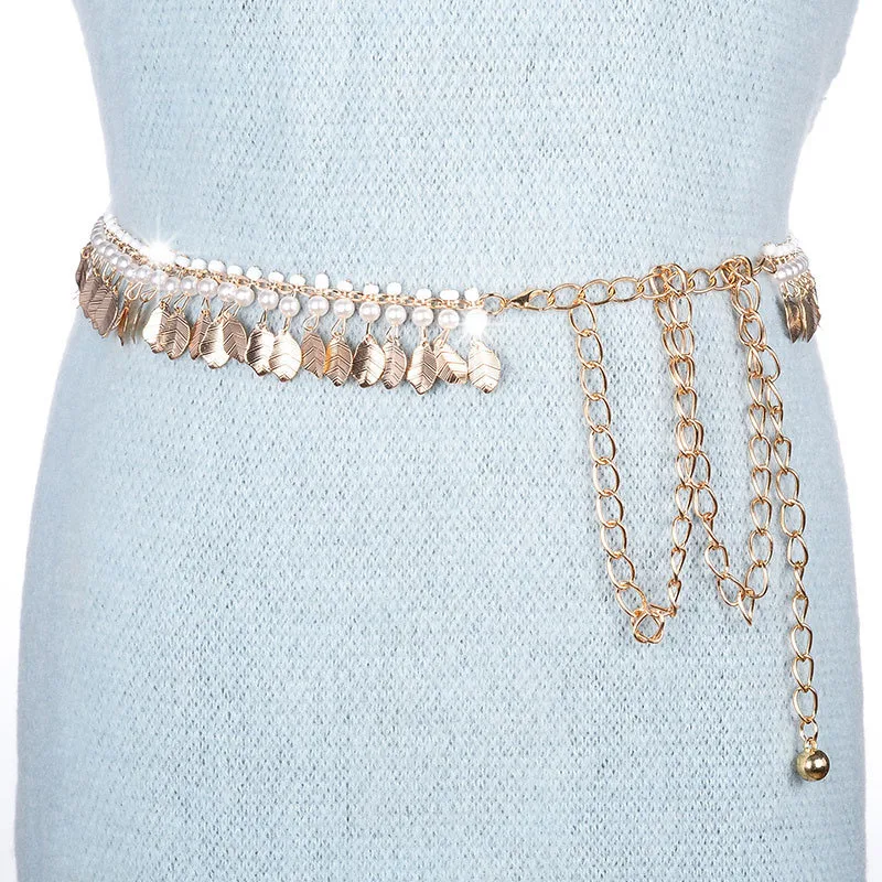 

Badinka 2019 New Summer Bohemian Long Gold Leaf Pearl Waist Belt Ladies Stretch Metal Chain Belts for Dresses Cinturon Mujer
