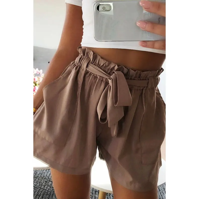 

2019 Fashion Womens Shorts High Waist Tie Belt Paper Bag Shorts Ladies Summer Casual Work Drawstring Sashes Home Shorts