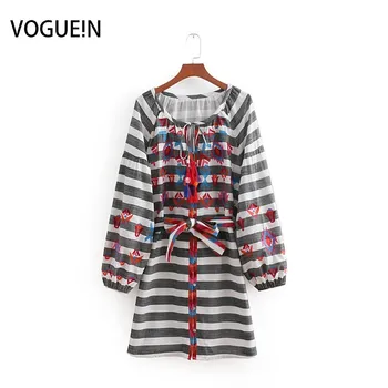 

VOGUEIN New Womens O-Neck Embroidery Long Sleeve Grey Striped Print Mini Dress Wholesale