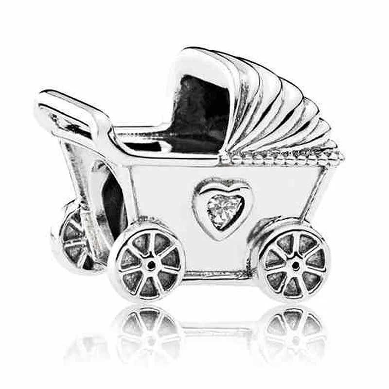 

Authentic 925 Sterling Silver Bead Charm Vintage Baby Pram With Crystal Beads Fit Women Pandora Bracelet Bangle Diy Jewelry