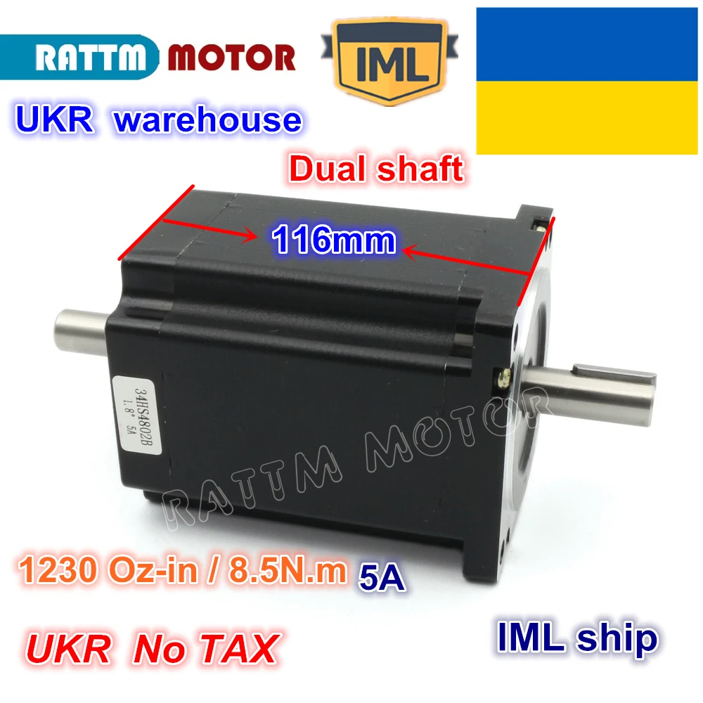 

UKR free shipping NEMA34 116mm/ 1230Oz-in/5.0A 8.5N.m Dual shaft stepper motor 4wire for Small and Large CNC Router Machine